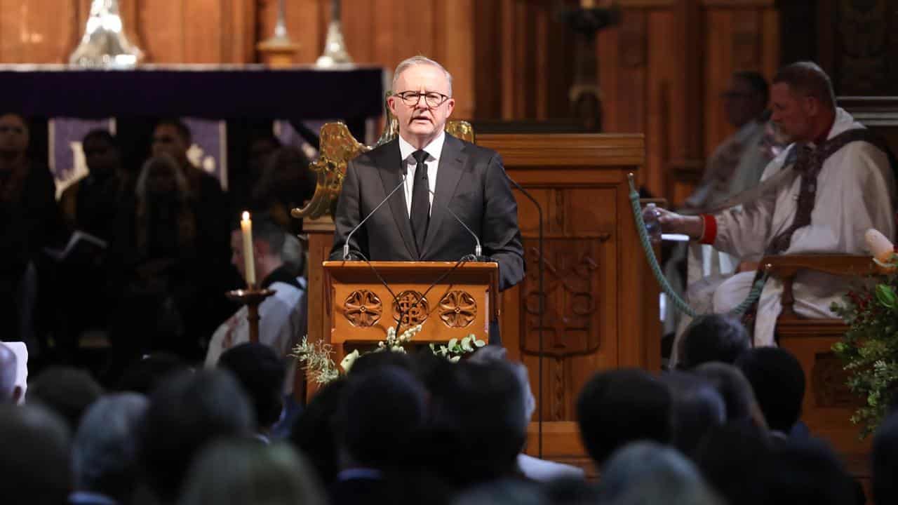 Anthony Albanese during the State funeral for Dr Lowitja O'Donoghue