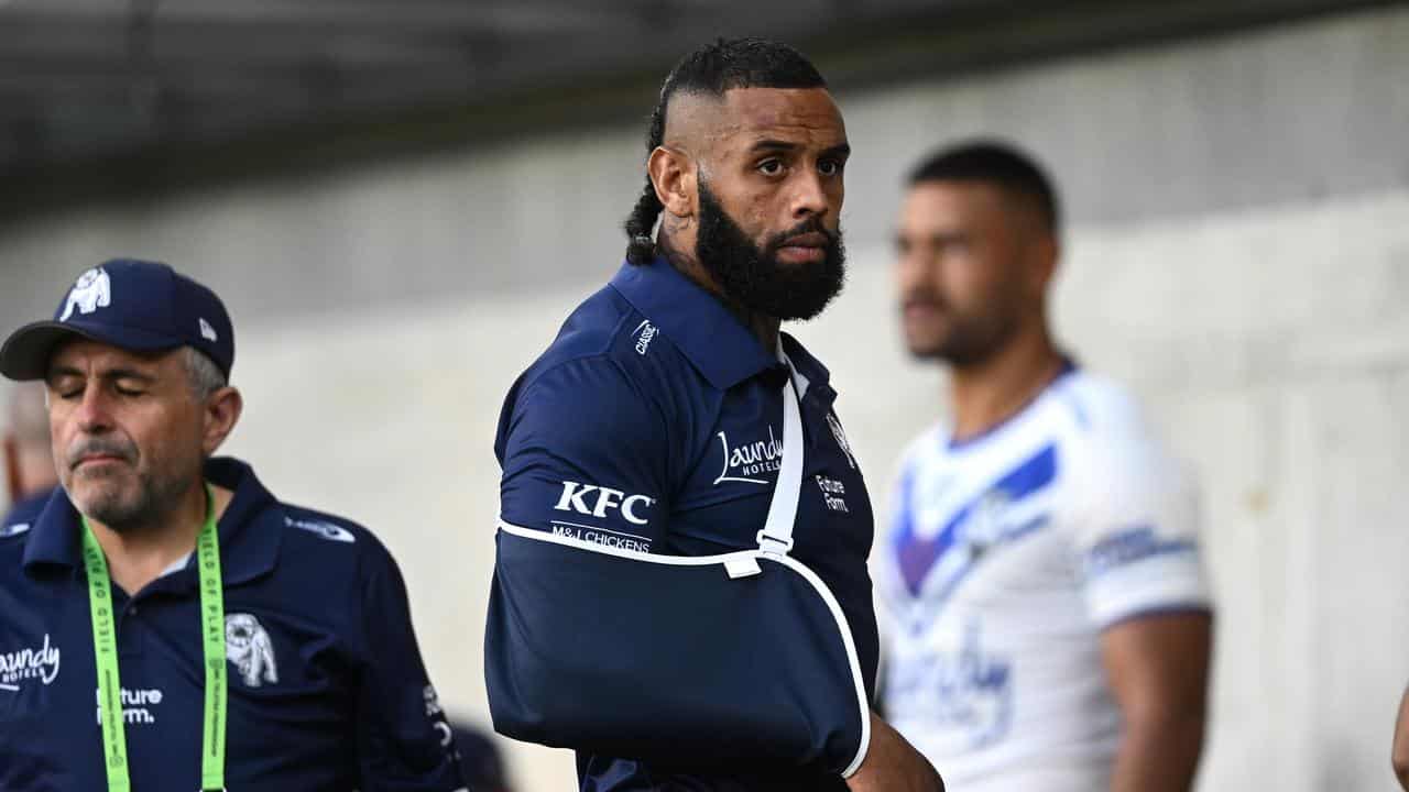 Josh Addo-Carr with his right arm in a sling. 