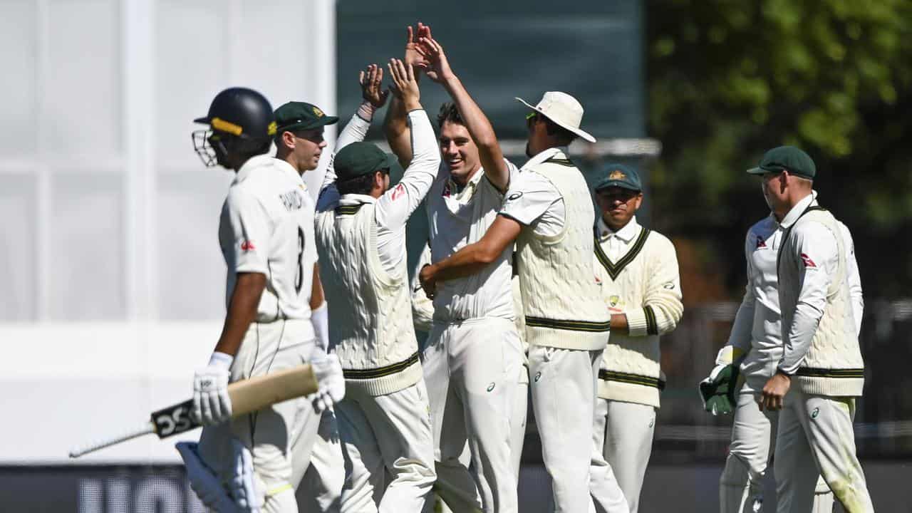 Pat Cummins and team celebrate Ravindra's wicket.