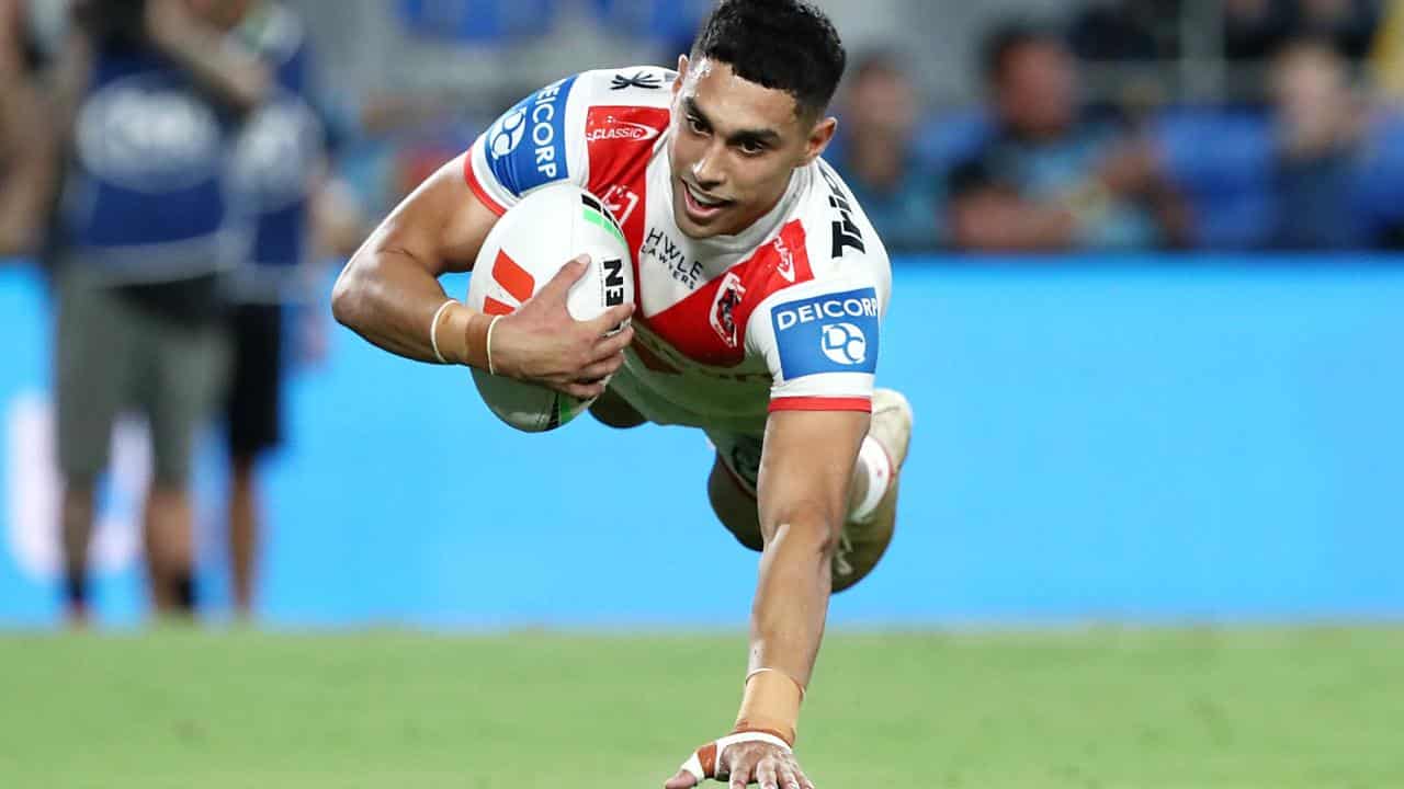 Tyrell Sloan scores the third try of his hat-trick against Gold Coast.