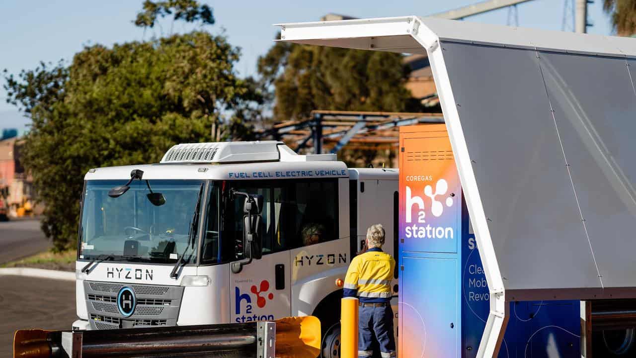 A truck being refuelled at a hydrogen station in Port Kembla, NSW.