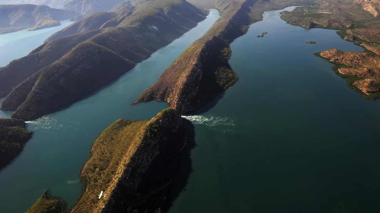 An aerial view of Horizontal Falls north-east of Broome.