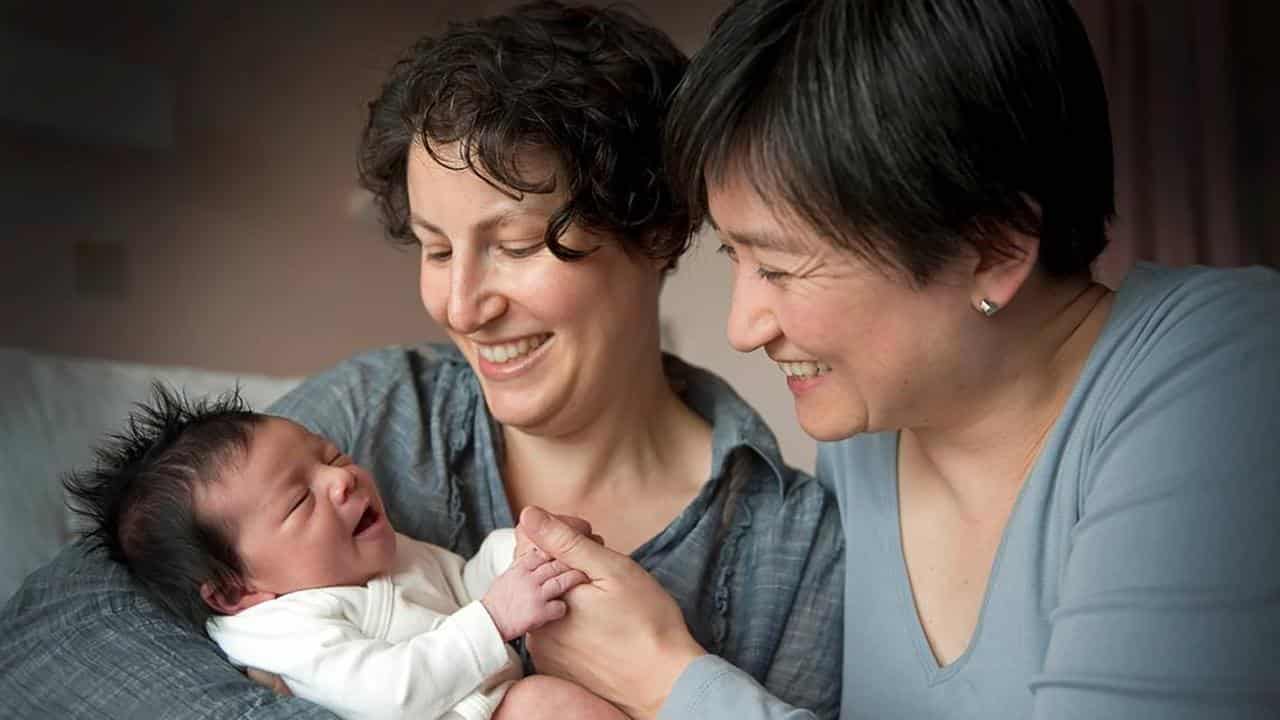 Penny Wong and partner Sophie Allouache with their daughter Alexandra.