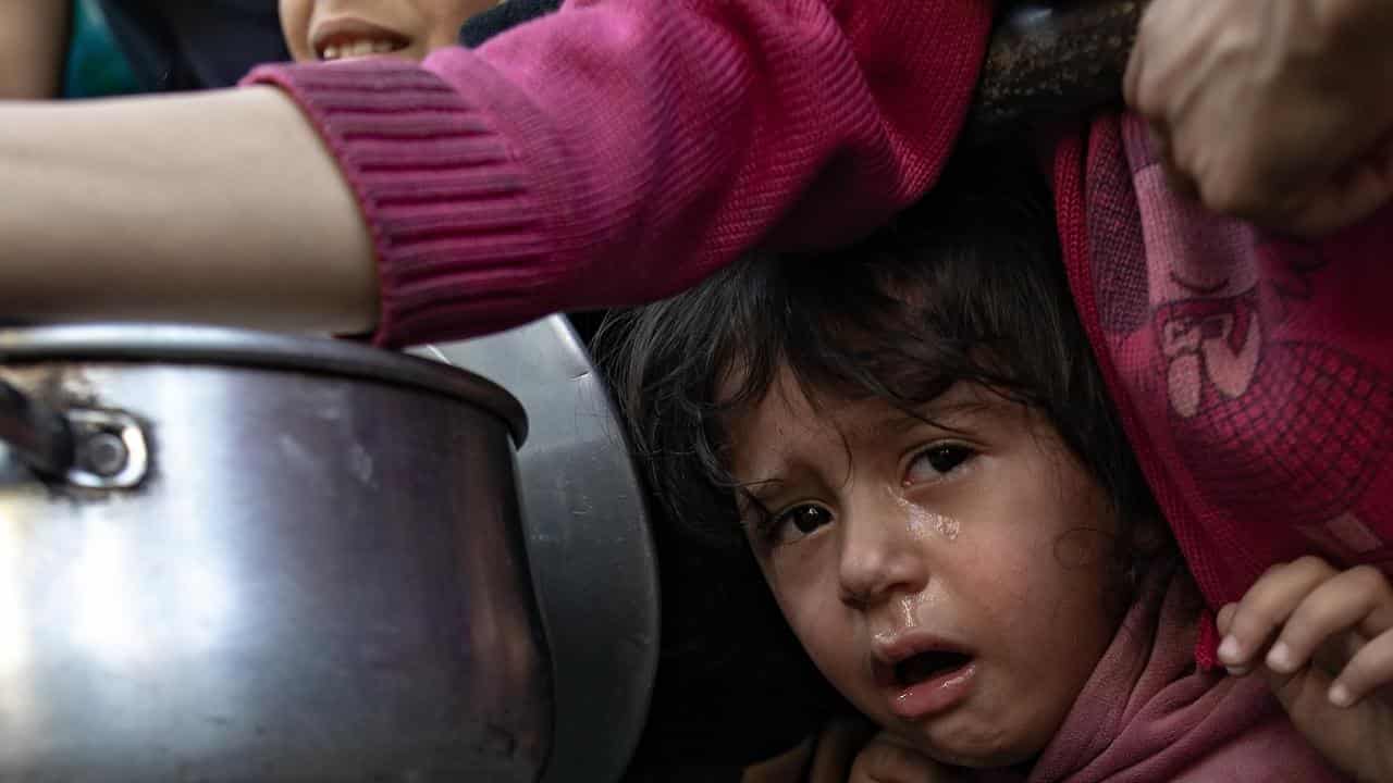 Displaced people gather to collect food in Rafah