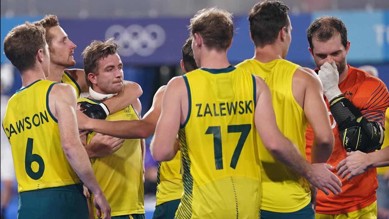 Kookaburras players after losing the gold-medal shoot-out in Tokyo.