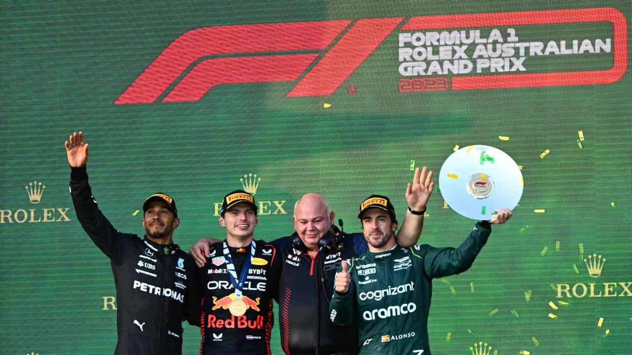 Lewis Hamilton on the podium at Albert Park in 2023.