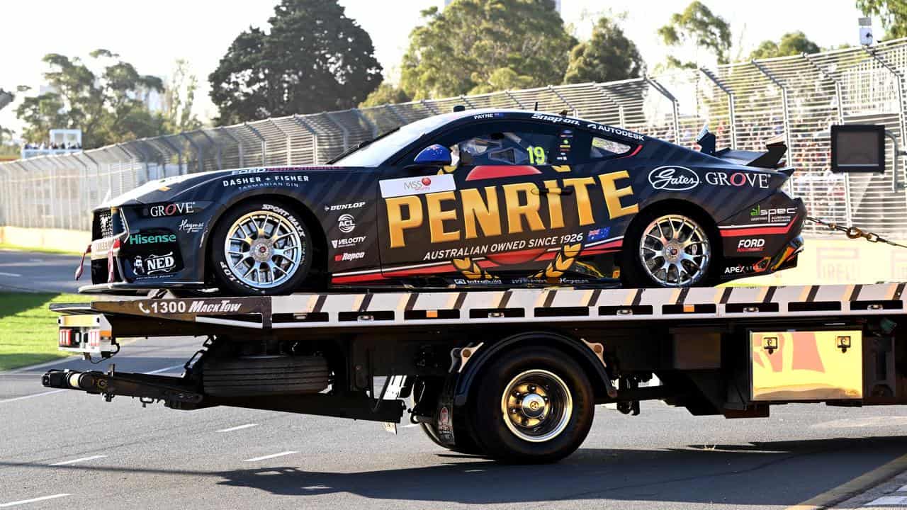 Matt Payne's Mustang is removed from the track at Albert Park.