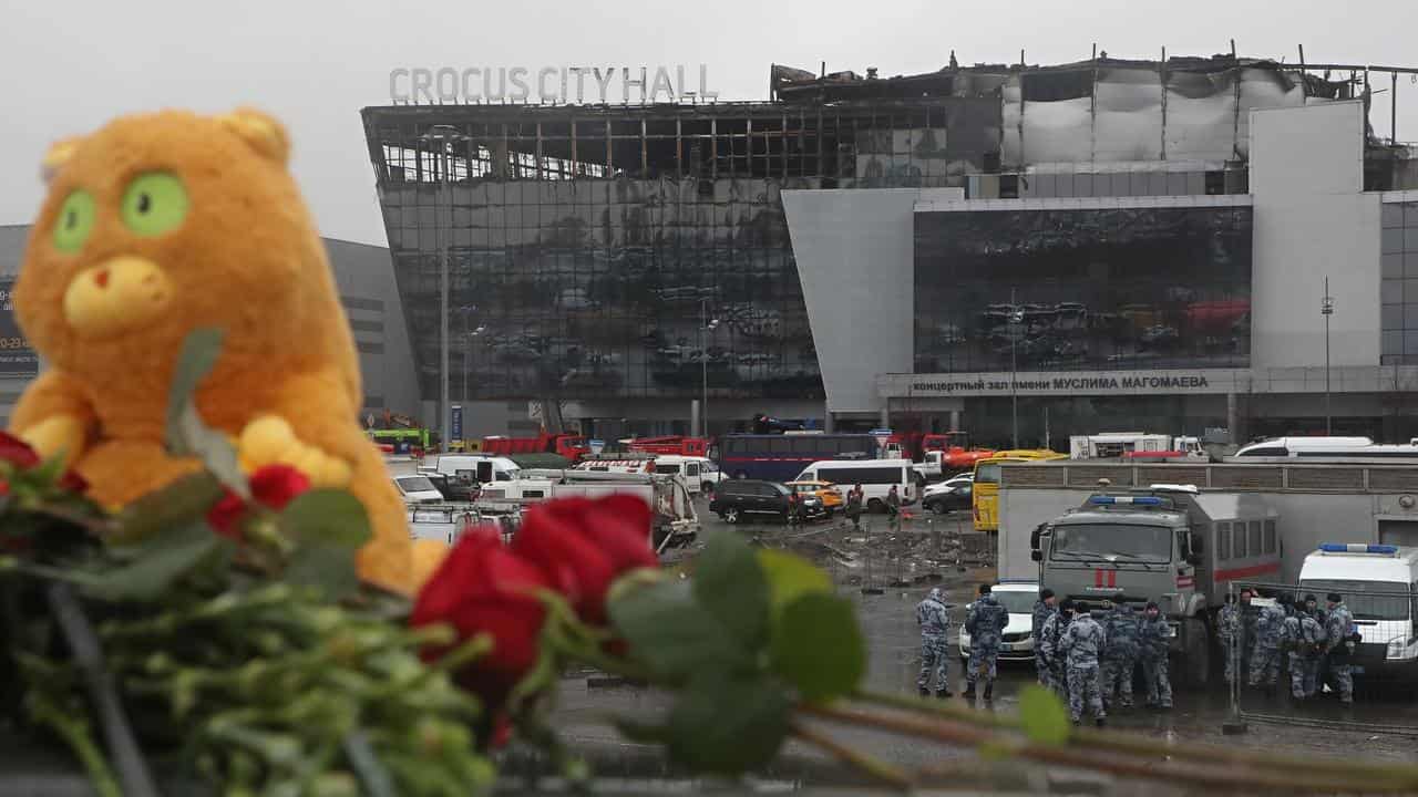 Flowers are laid at the Crocus City Hall concert venue