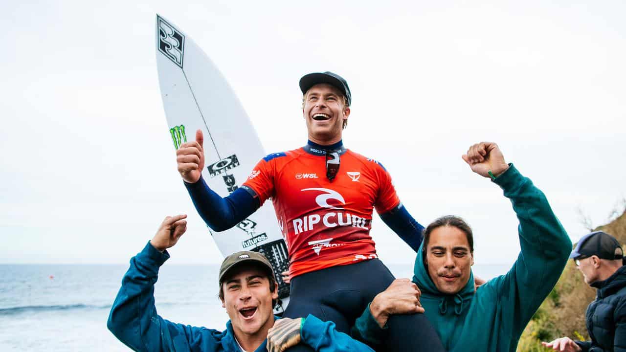 Ethan ewing is chaired off at Bells Beach in 2023. 