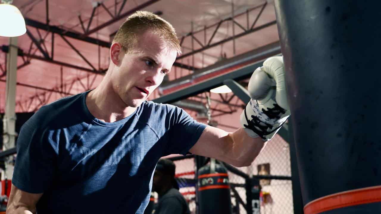 Austrlian boxer Liam Wilson at the punchbag.