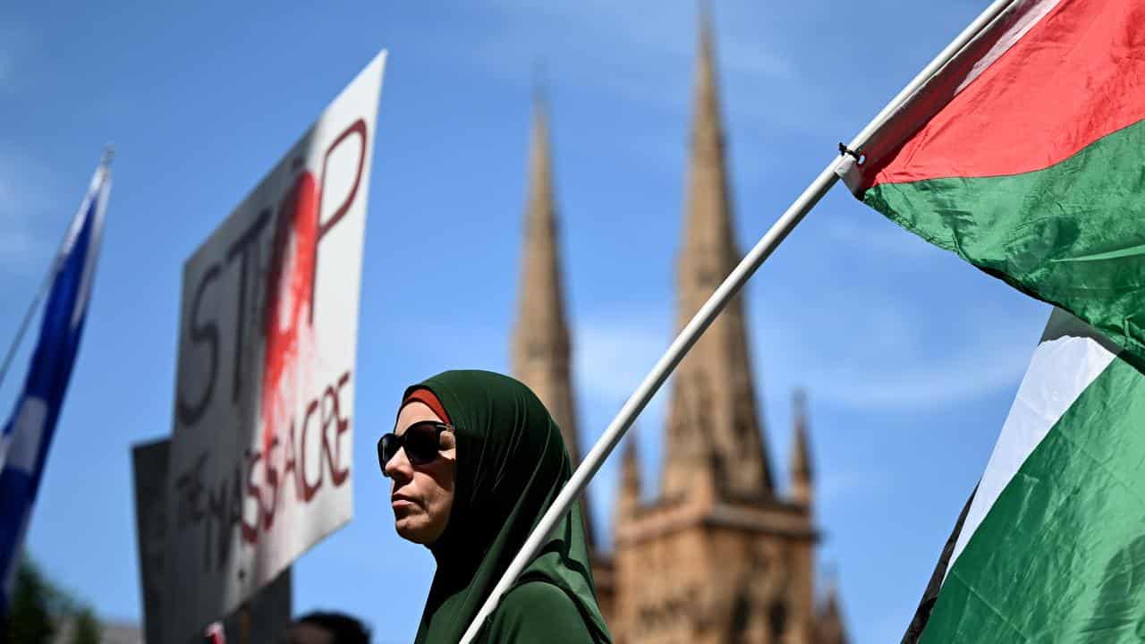 Protester holds the Palestinian flag at a demonstration in Sydney