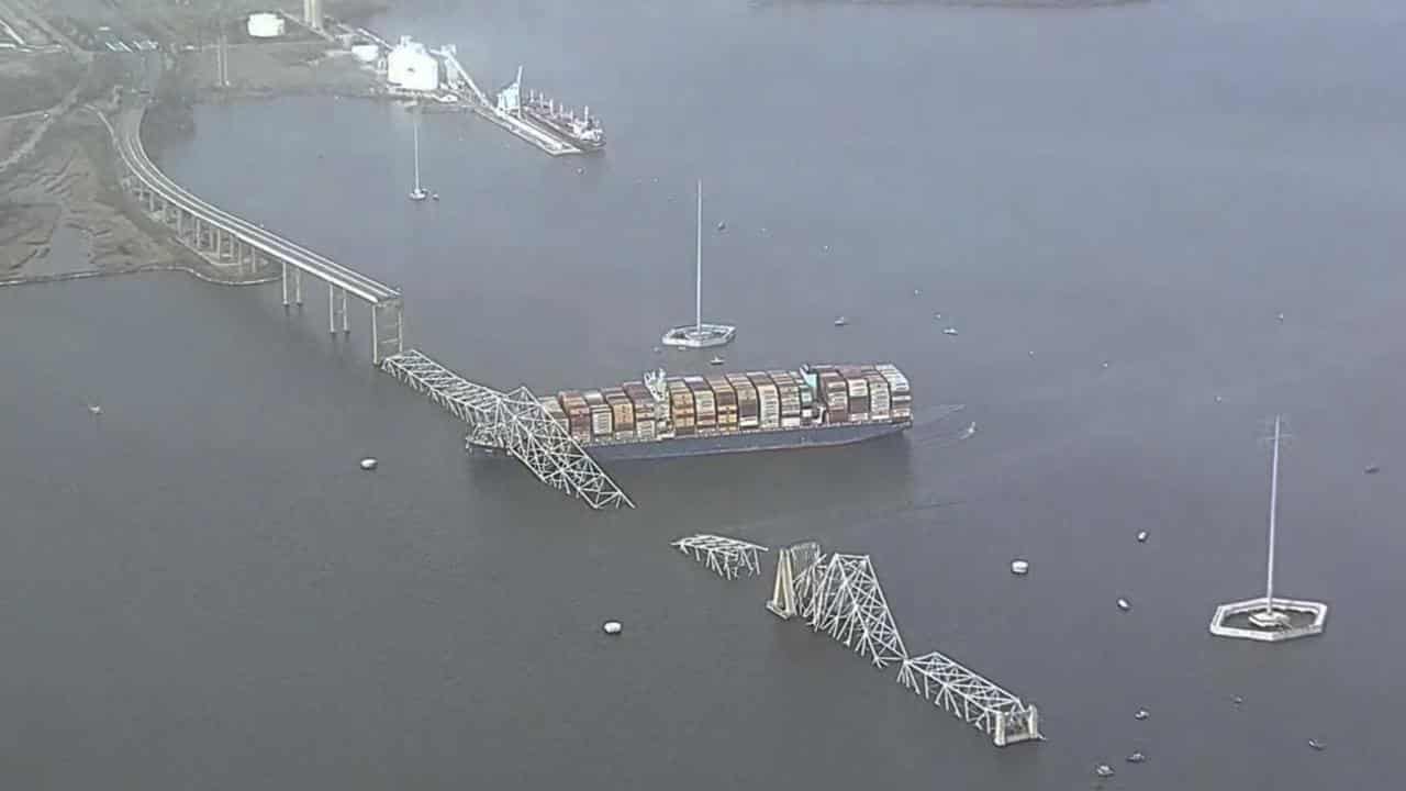 Parts of the Francis Scott Key Bridge remain after a ship hit it