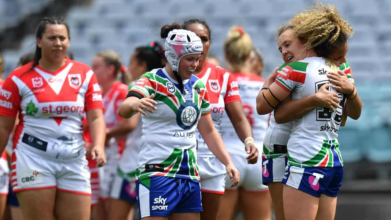 Warriors NRLW players celebrate a win in 2020.