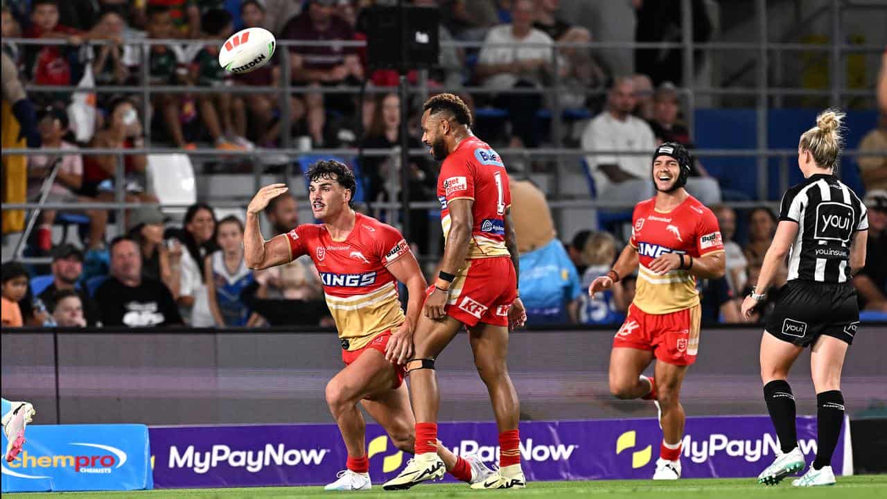 Herbie Farnworth celebrates his try against Gold Coast.