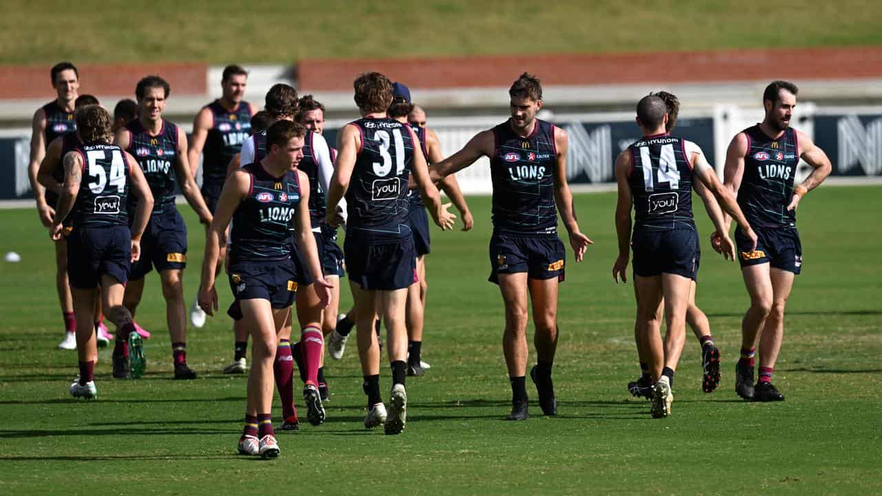 Lions players go through their paces at training on Monday.