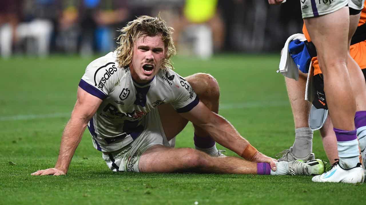 Melbourne's Ryan Papenhuyzen nurses his broken right ankle.