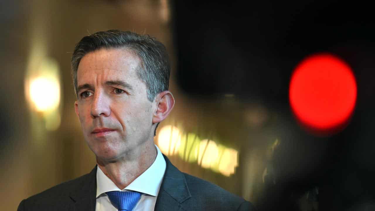 Simon Birmingham speaks to journalists (file)