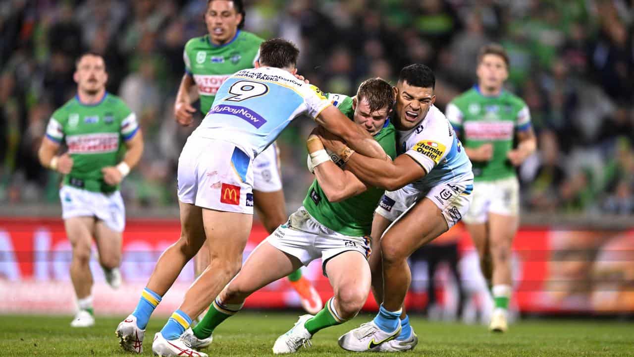 Action from Canberra Raiders vs Gold Coast Titans. 