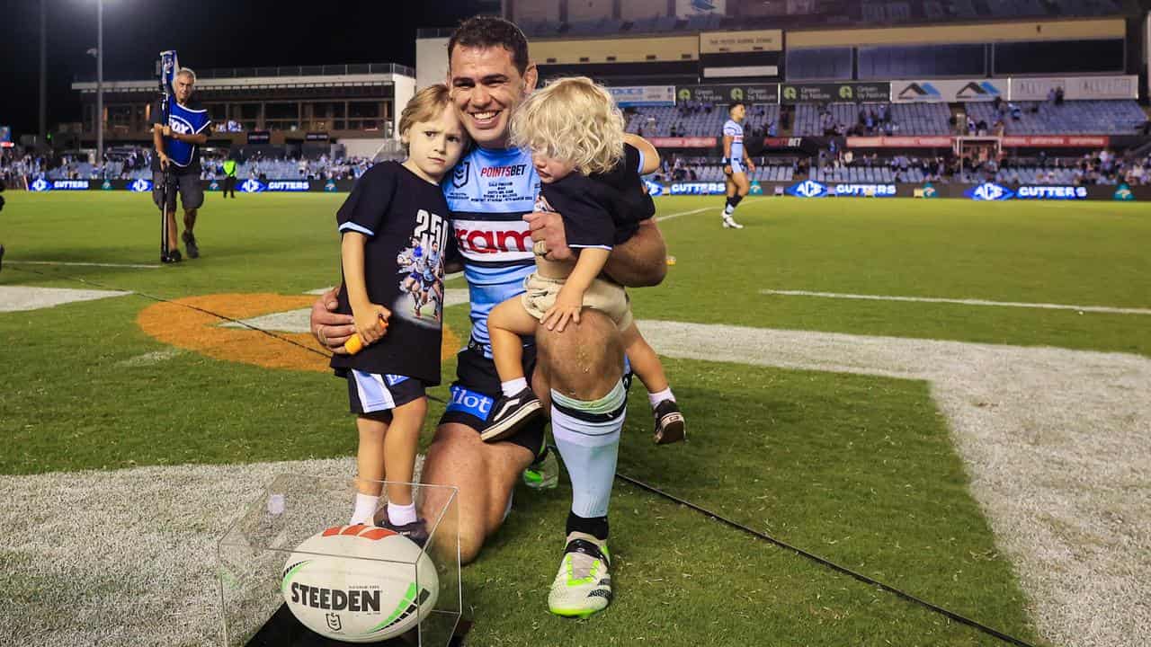 Cronulla's Dale Finucane with his children at Shark Park. 