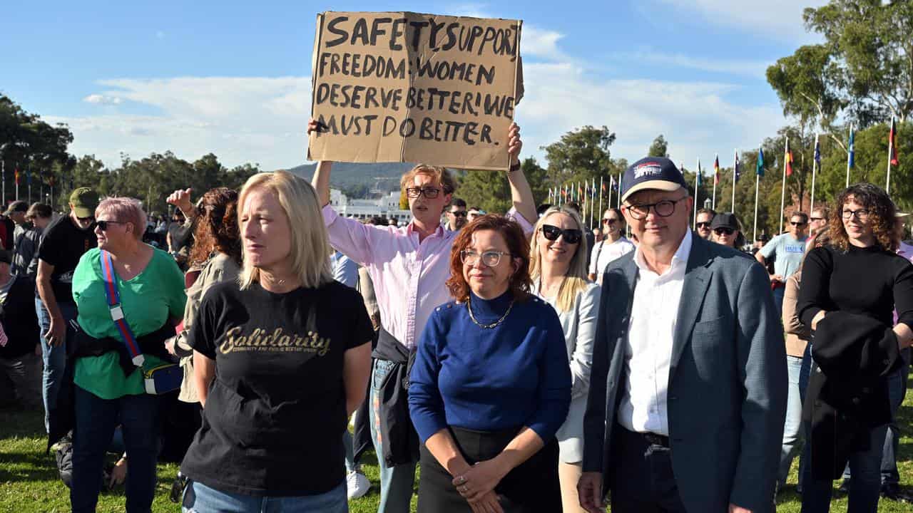 Katy Gallagher, Amanda Rishworth and Anthony Albanese in Canberra