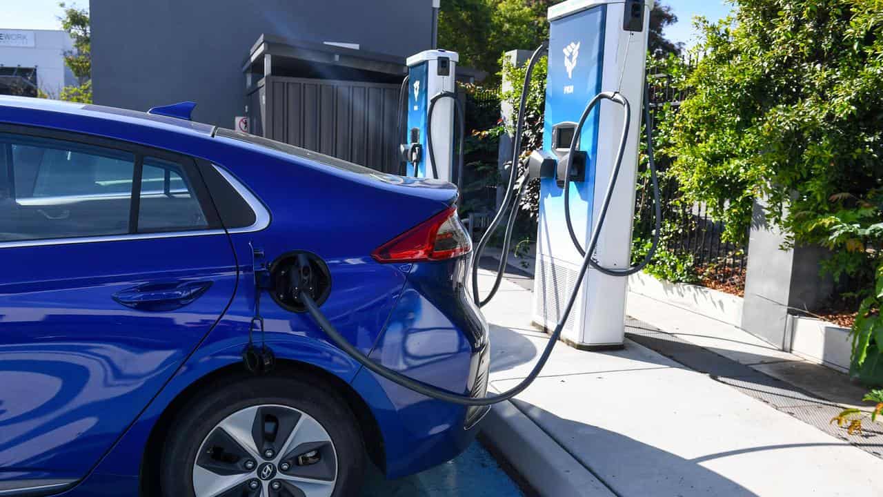 Electric cars and charging stations are seen at
Tritium, Brisbane