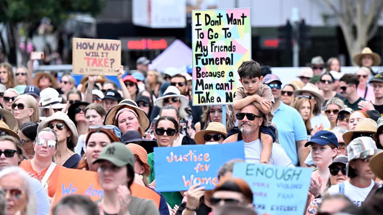 People at a women's rally in King George Square, Brisbane