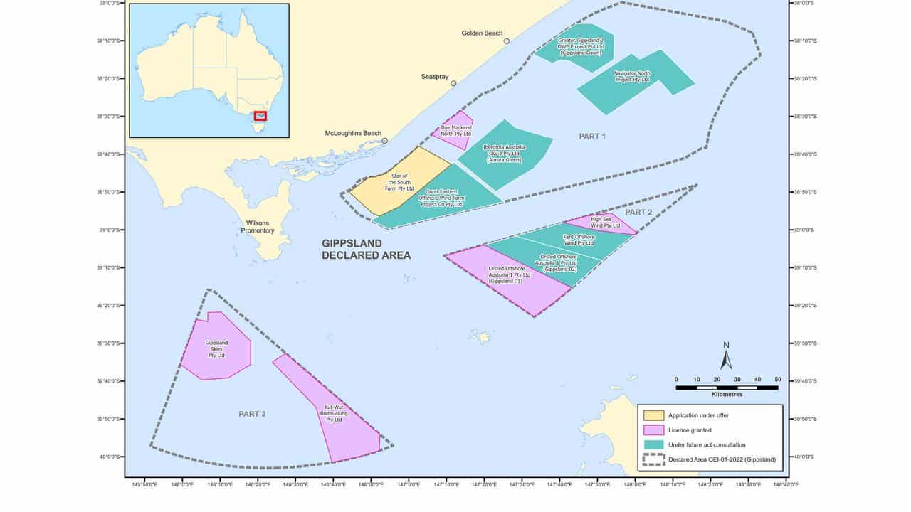 A map showing the Gippsland offshore wind zone.