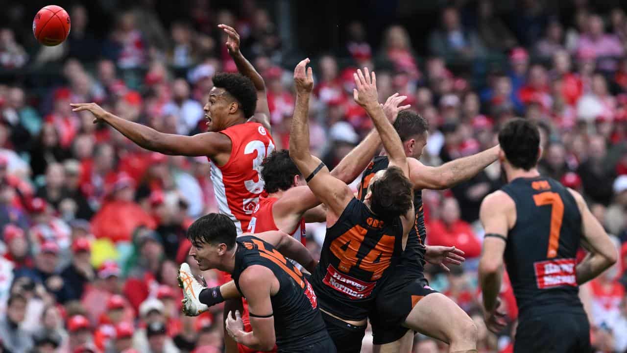 Sydney and GWS players contest a high ball.