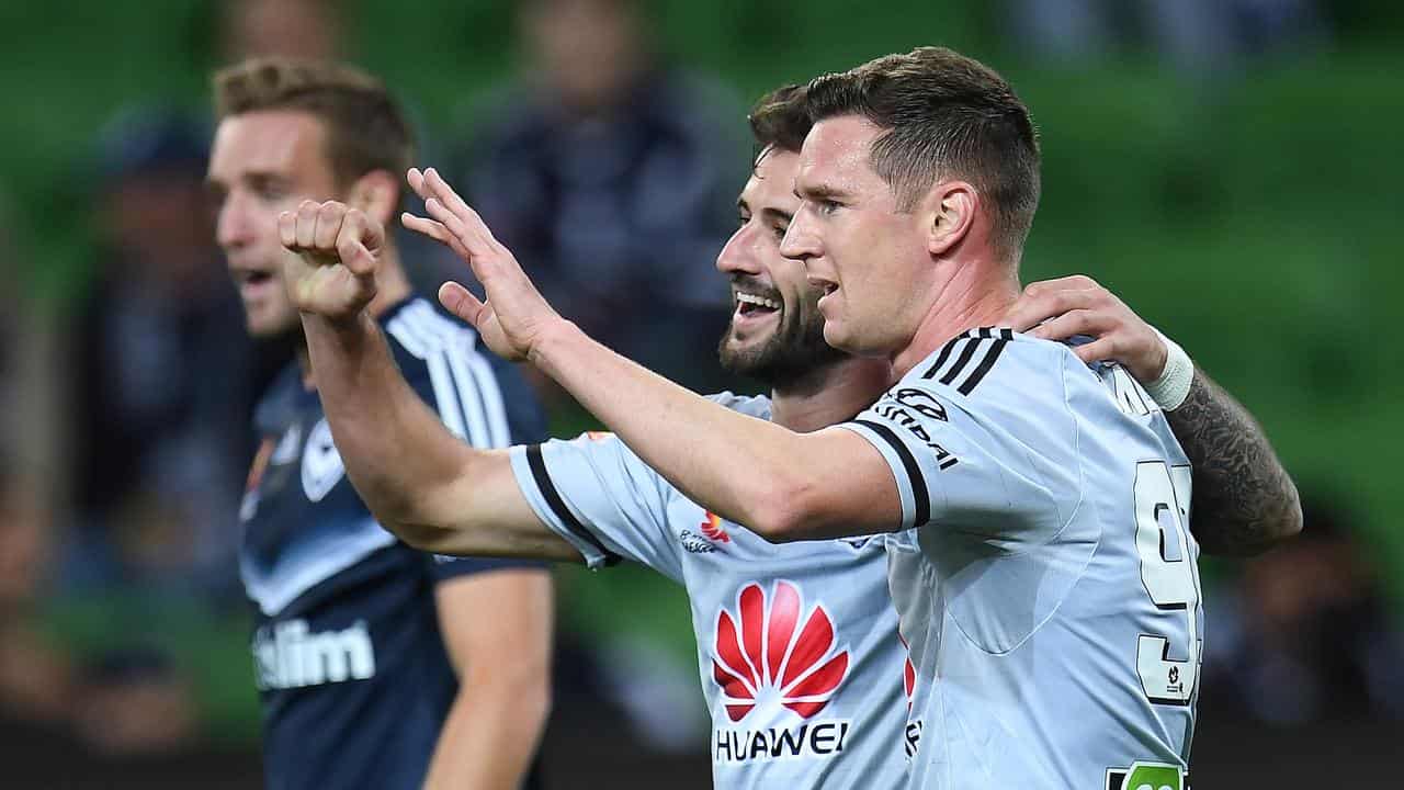 Wellington's Shane Smeltz celebrates scoring at AAMI Park in 2017.