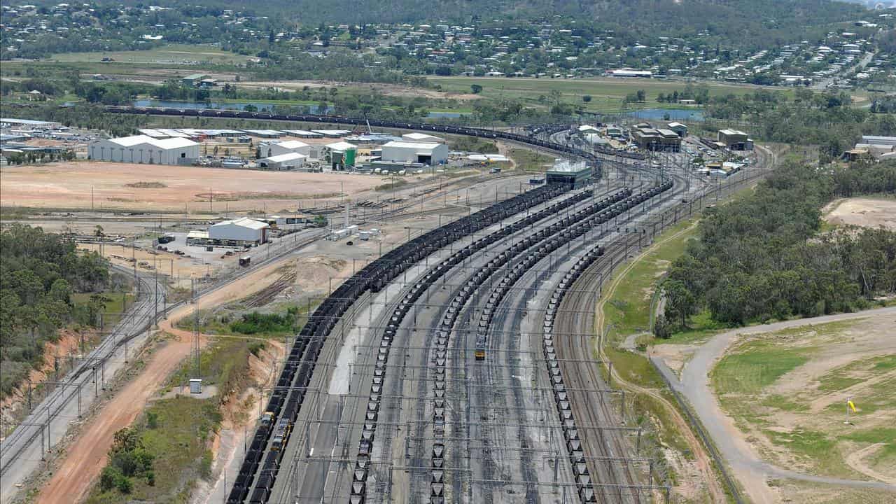 Coal trains and carriages make their way from the port in Gladstone