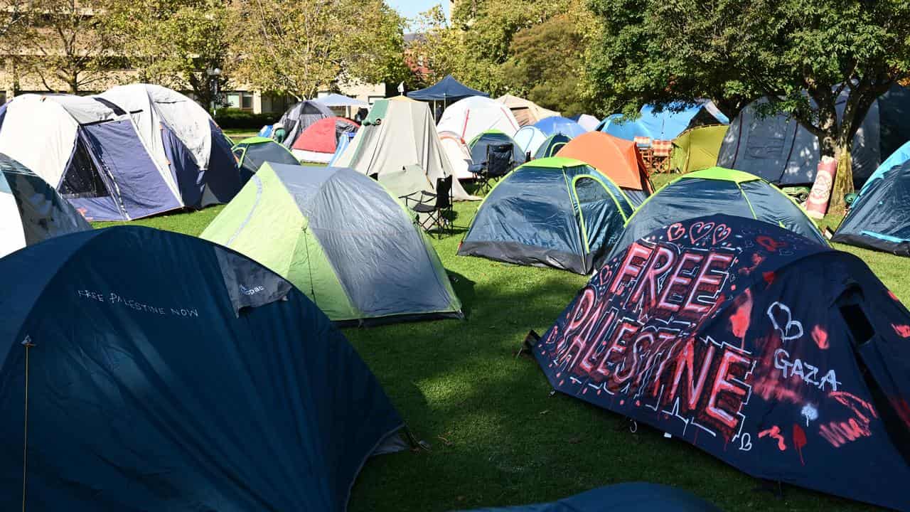 A Pro-Palestine encampment at the University of Melbourne.