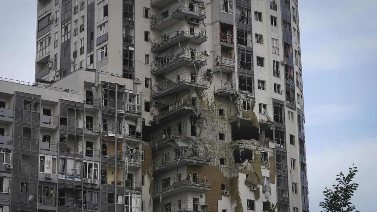 Apartment building damaged in a Russian missile attack in Kharkiv.