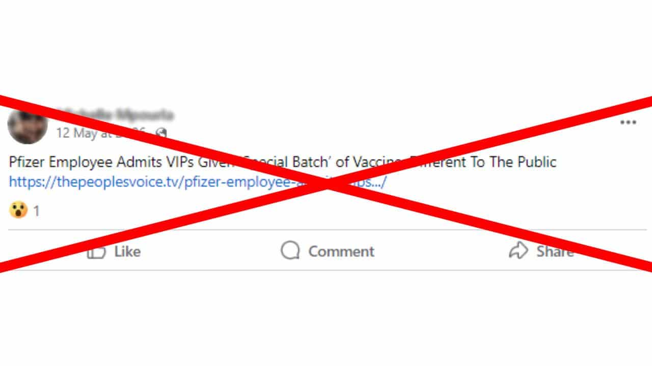 Crossed out Facebook post making claim about Pfizer employees.