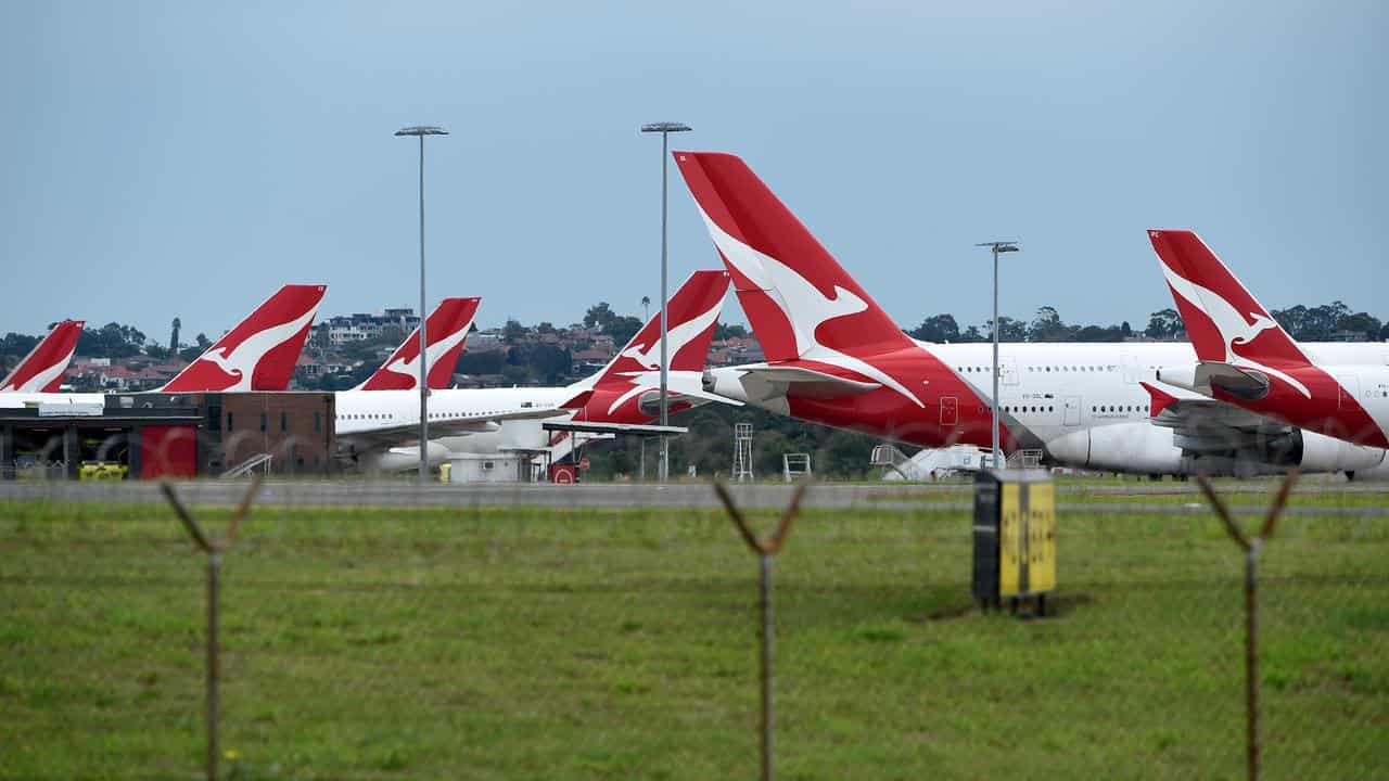 Qantas planes are parked at Sydney International Airport (file image)