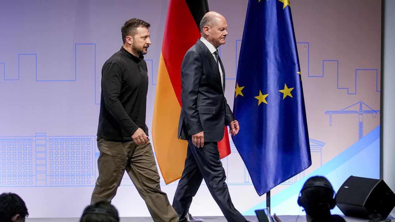 Ukraine's Volodymyr Zelenskiy and Germany's Olaf Scholz