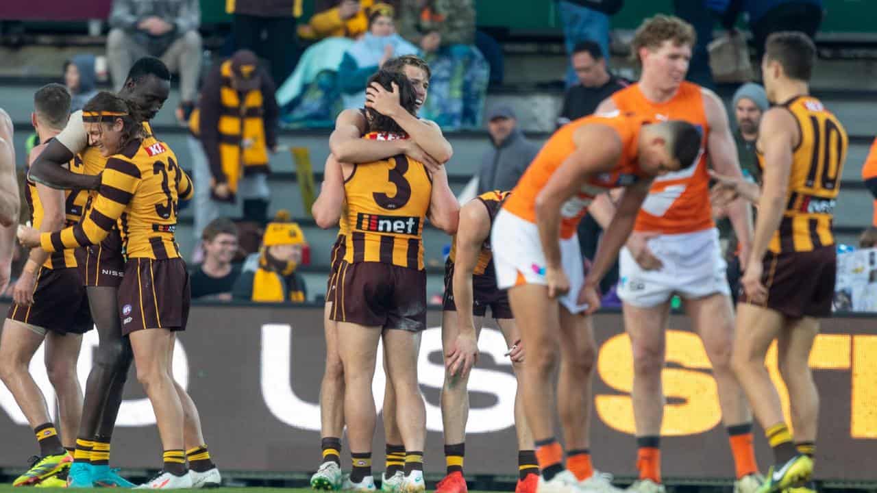 Celebrating Hawthorn players.