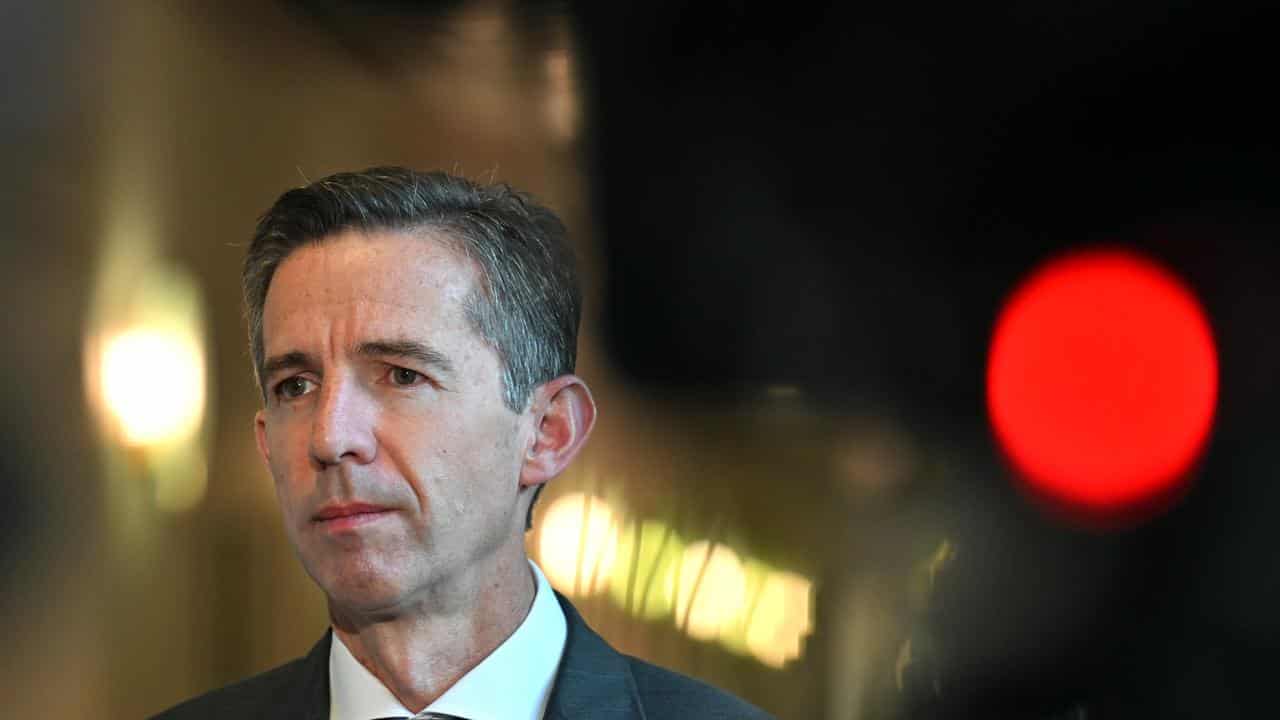 Simon Birmingham at a press conference.