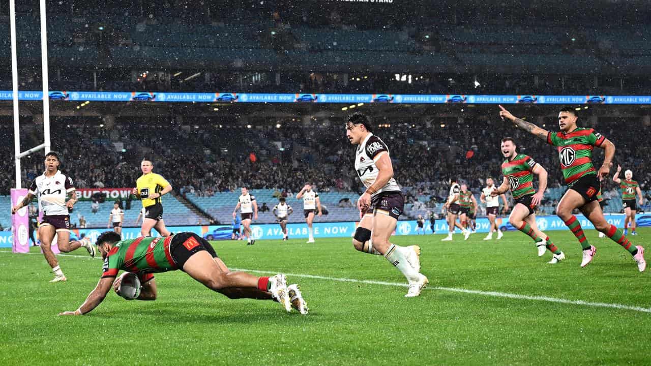 South Sydney score a try against Brisbane. 