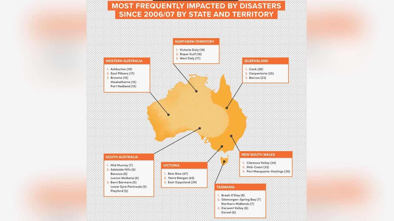 A map showing disaster hotspots around Australia.