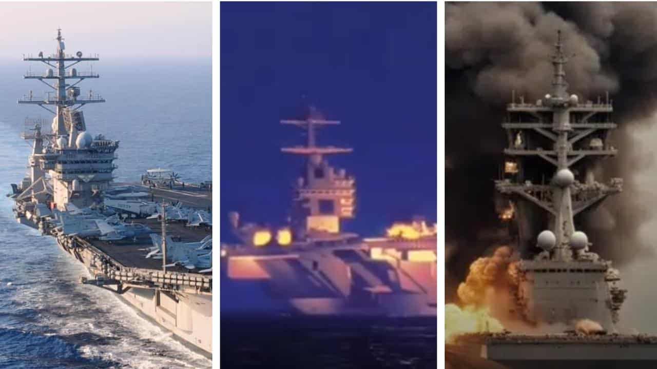 Collage of USS Eisenhower, Arma 3 gameplay and another ship on fire