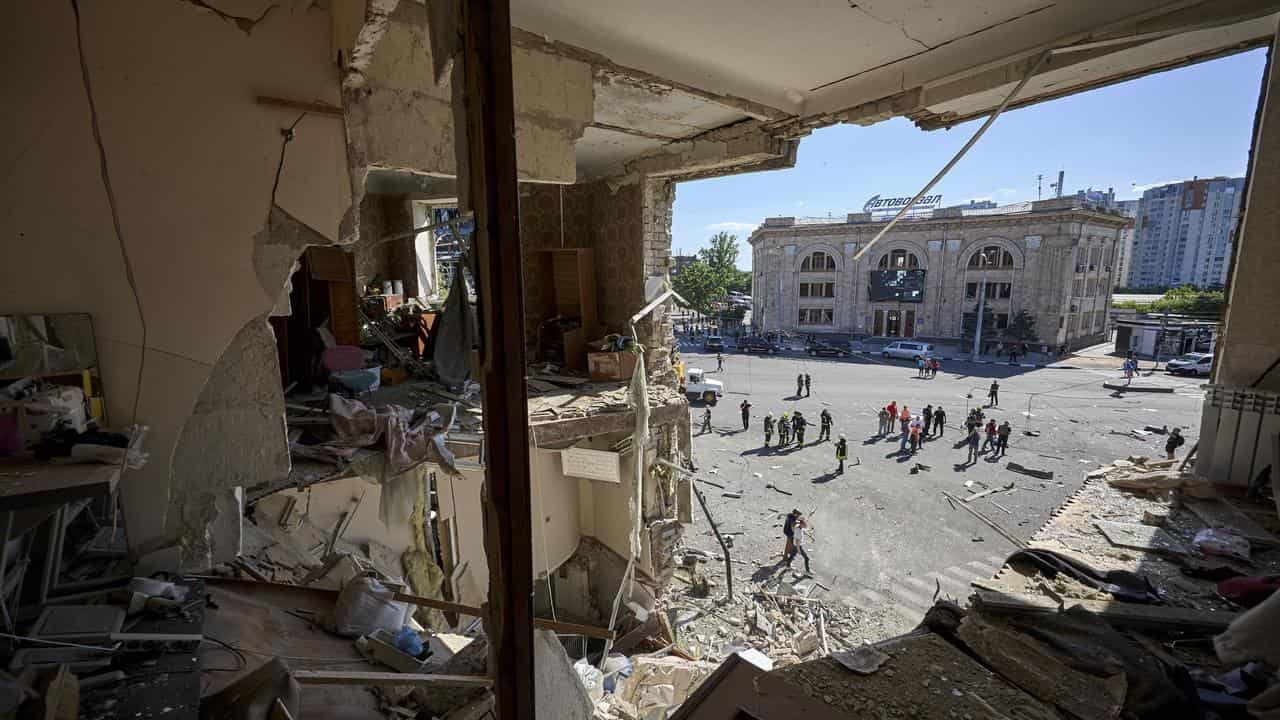 A damaged flat at the site of a bomb attack in Kharkiv