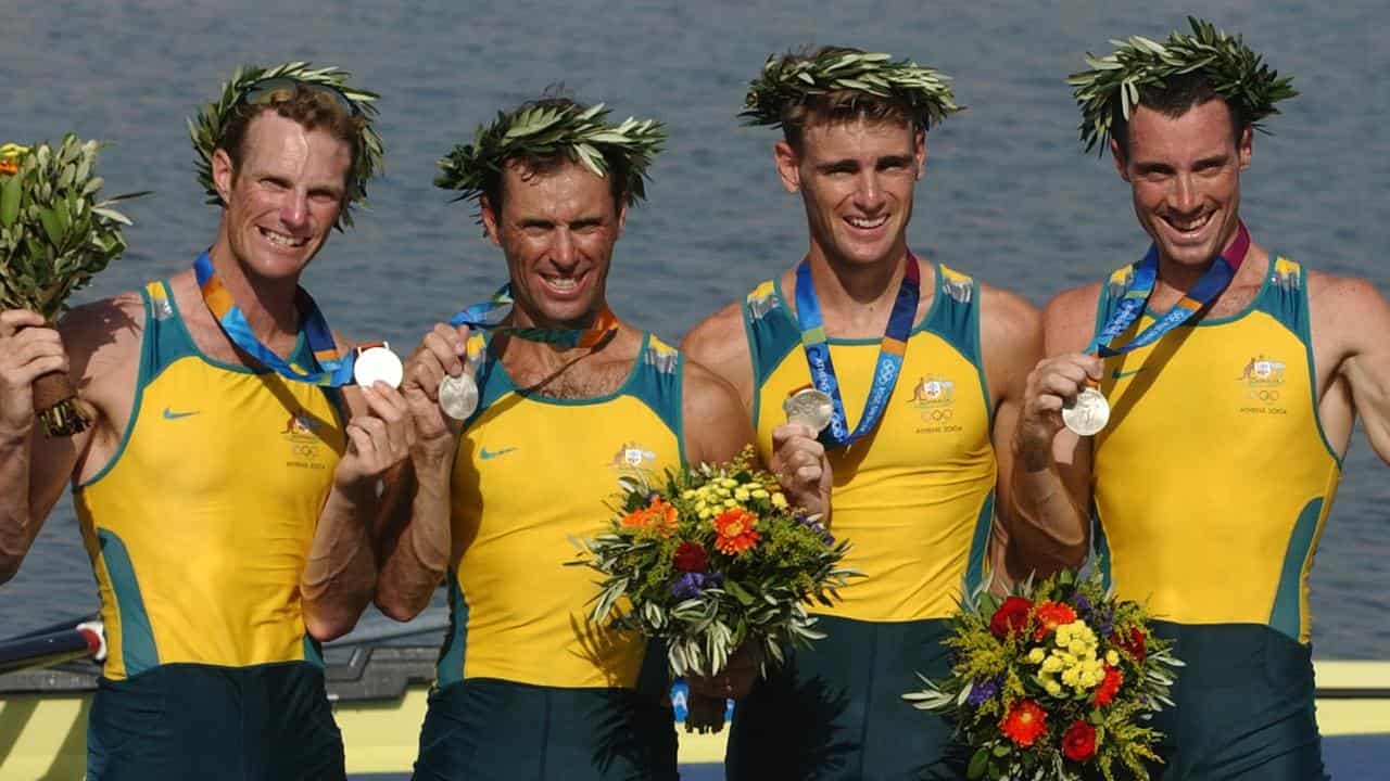 Simon Burgess (2nd left) in men's 4 at Athens (file image)