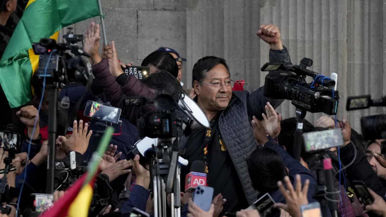 Bolivian President Luis Arce outside the government palace in La Paz