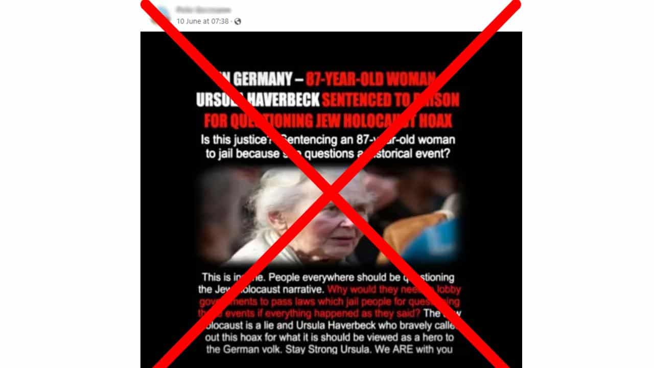 Crossed out Facebook post about Ursula Haverbeck and Holocaust denial.