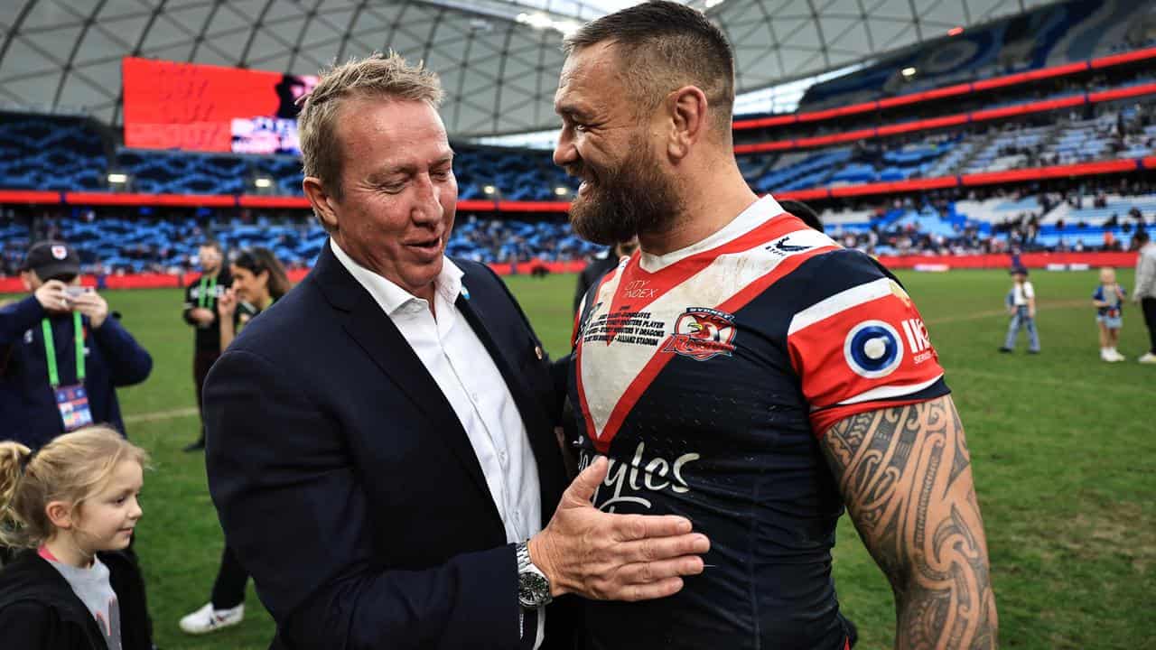 Roosters coach Trent Robinson congratulated Jared Waerea-Hargreaves.