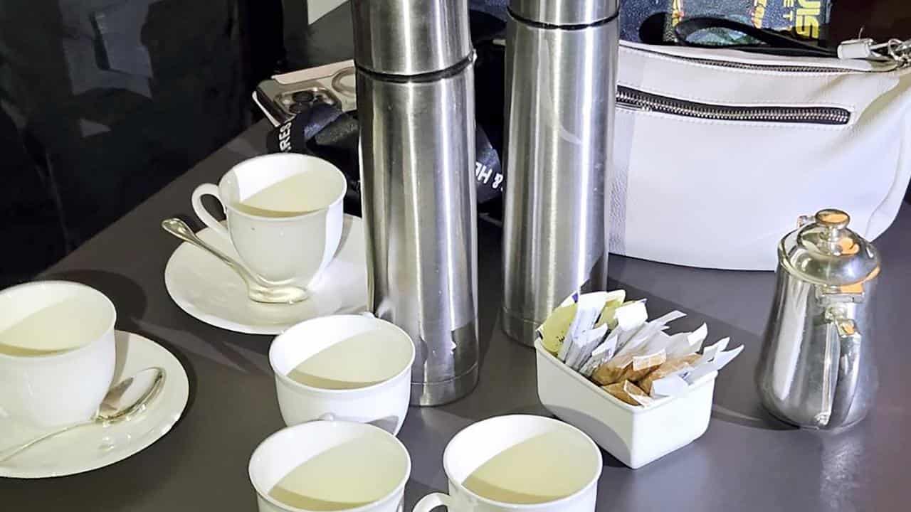 A police handout photo of cups and thermoses in the hotel room