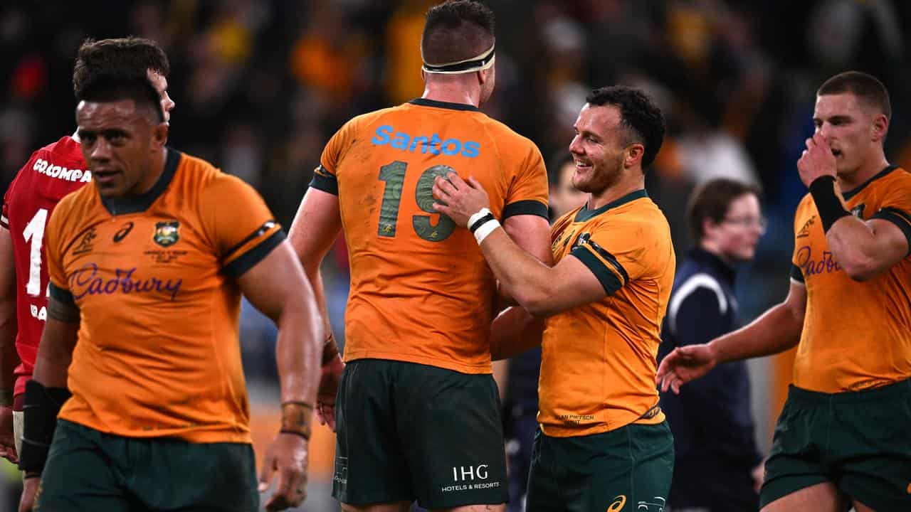 Celebrating Wallabies players.