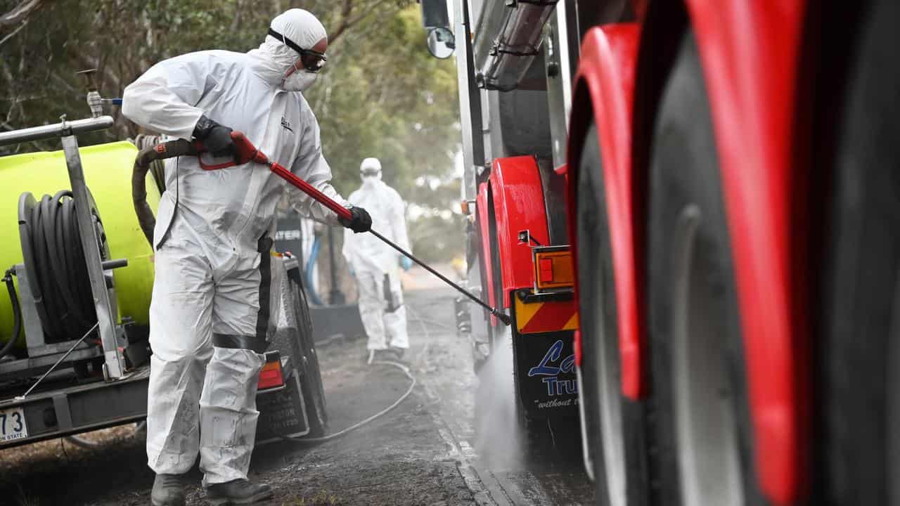 Hazmat-suited workers in a Bird flu quarantine zone 