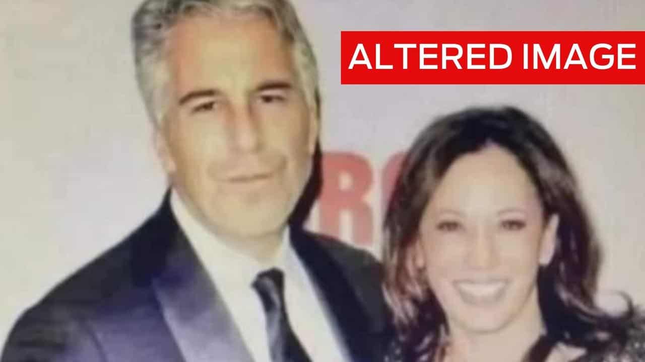 Altered image purportedly showing Jeffrey Epstein with Kamala Harris.