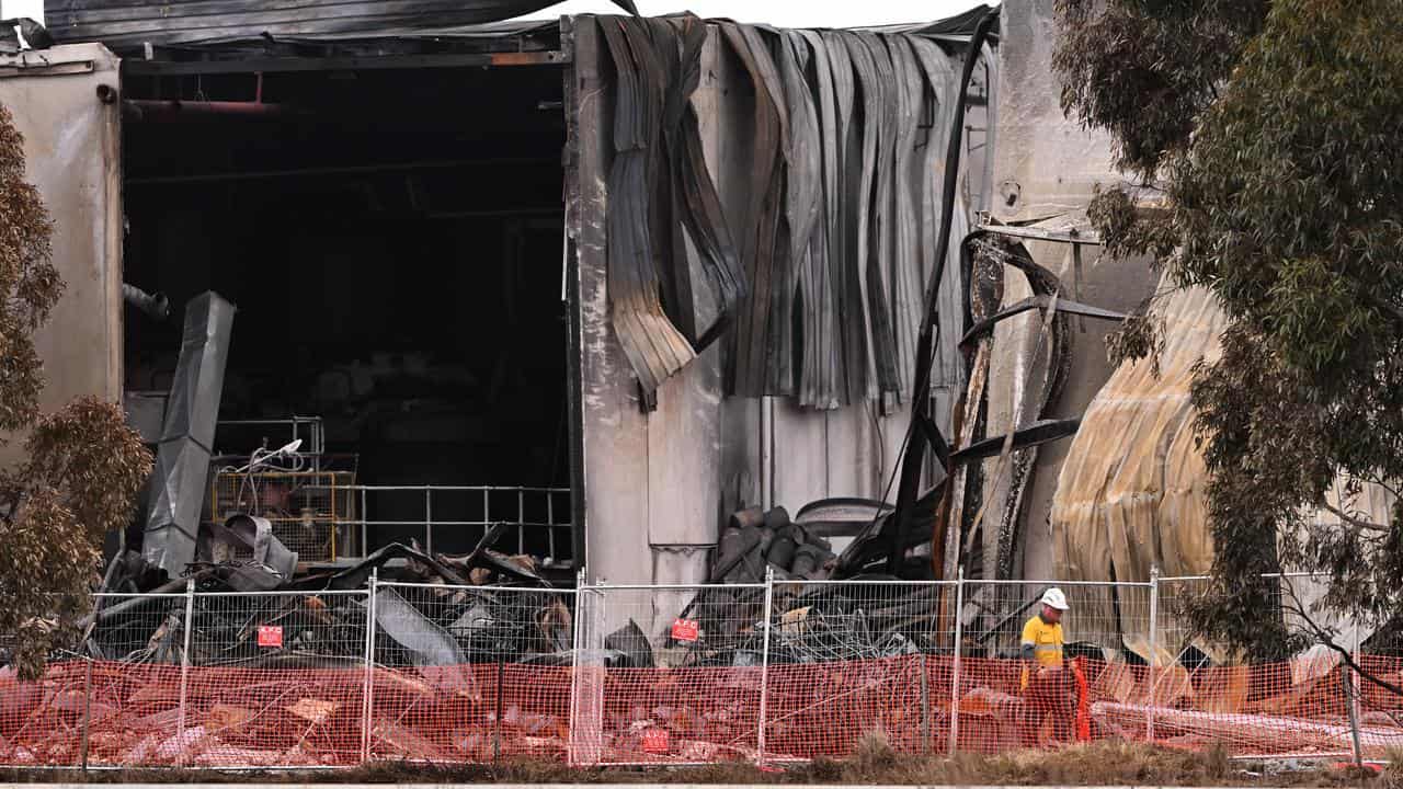 The shell of a burnt-out factory.